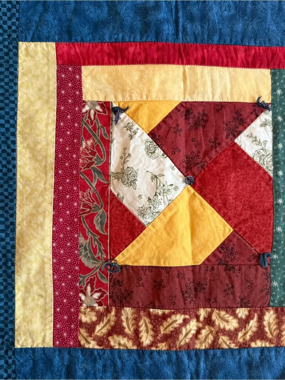 Handmade Patchwork Quilt 43”x 43” Throw in Blue and Multicolor